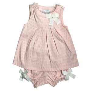Polly Flinders Heirlooms Pink Two Piece Dress Bloomers Textured Lace Outfit